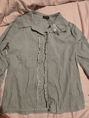 CHANEL Black & White Striped Button-Down Shirt